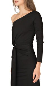 Alexis one shoulder chic dress features a cut out on one side, with a cinched waist belt loop in silver hardware