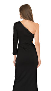 Alexis one shoulder chic dress features a cut out on one side, with a cinched waist belt loop in silver hardware