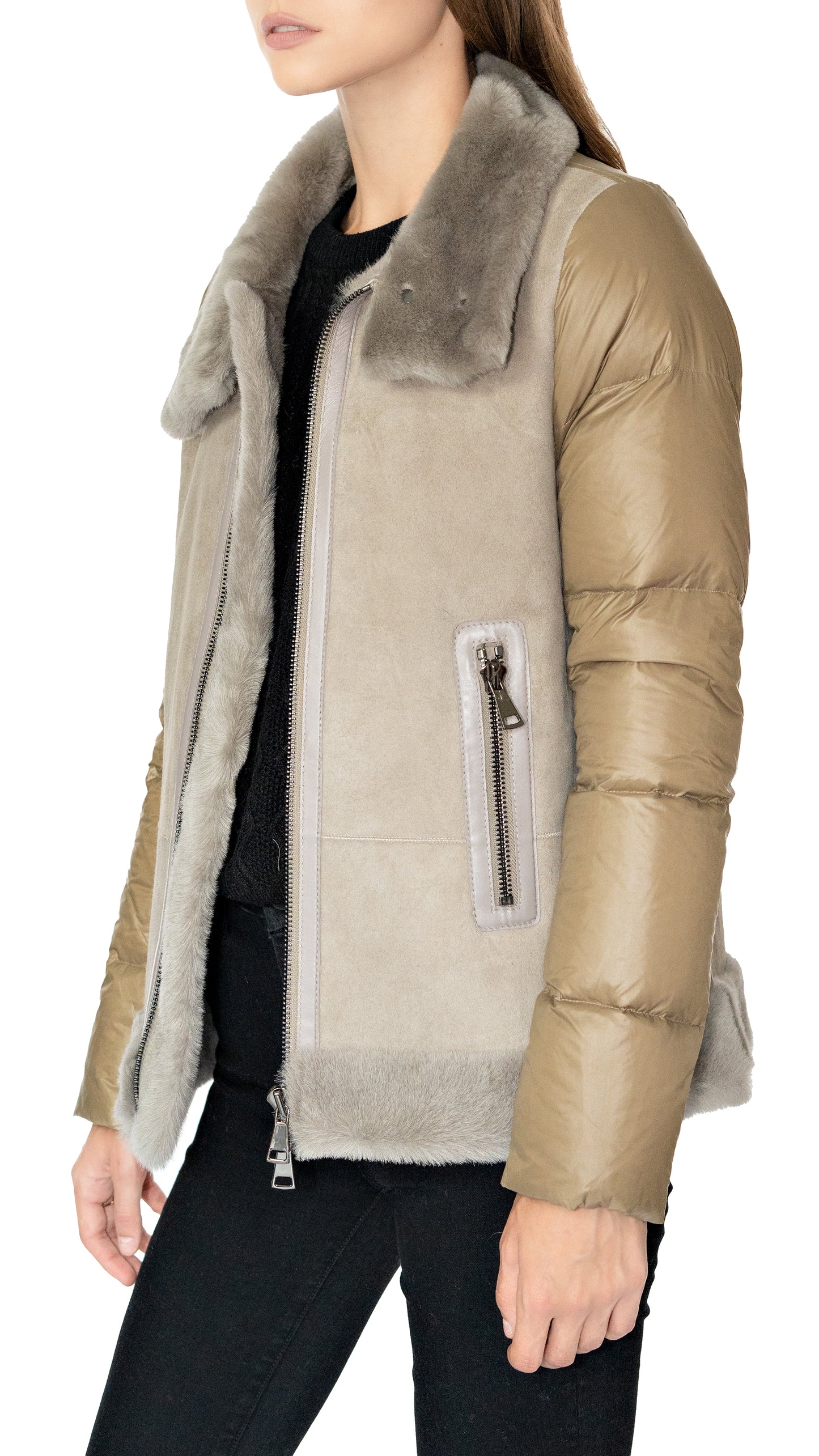 Artico shearling and down jacket in grey and khaki