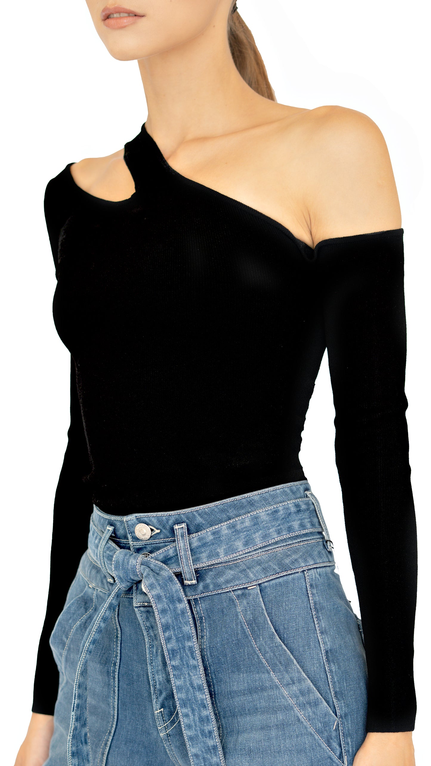 Autumn Cashmere one shoulder long sleeve knit top in black