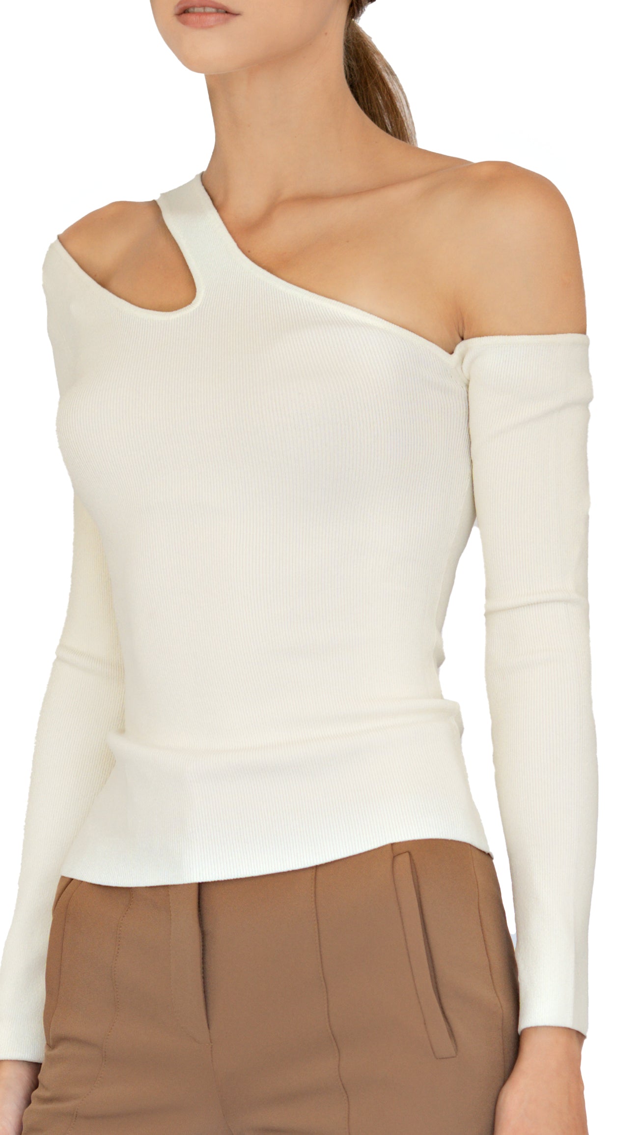 Autumn Cashmere one shoulder long sleeve knit top in cream color