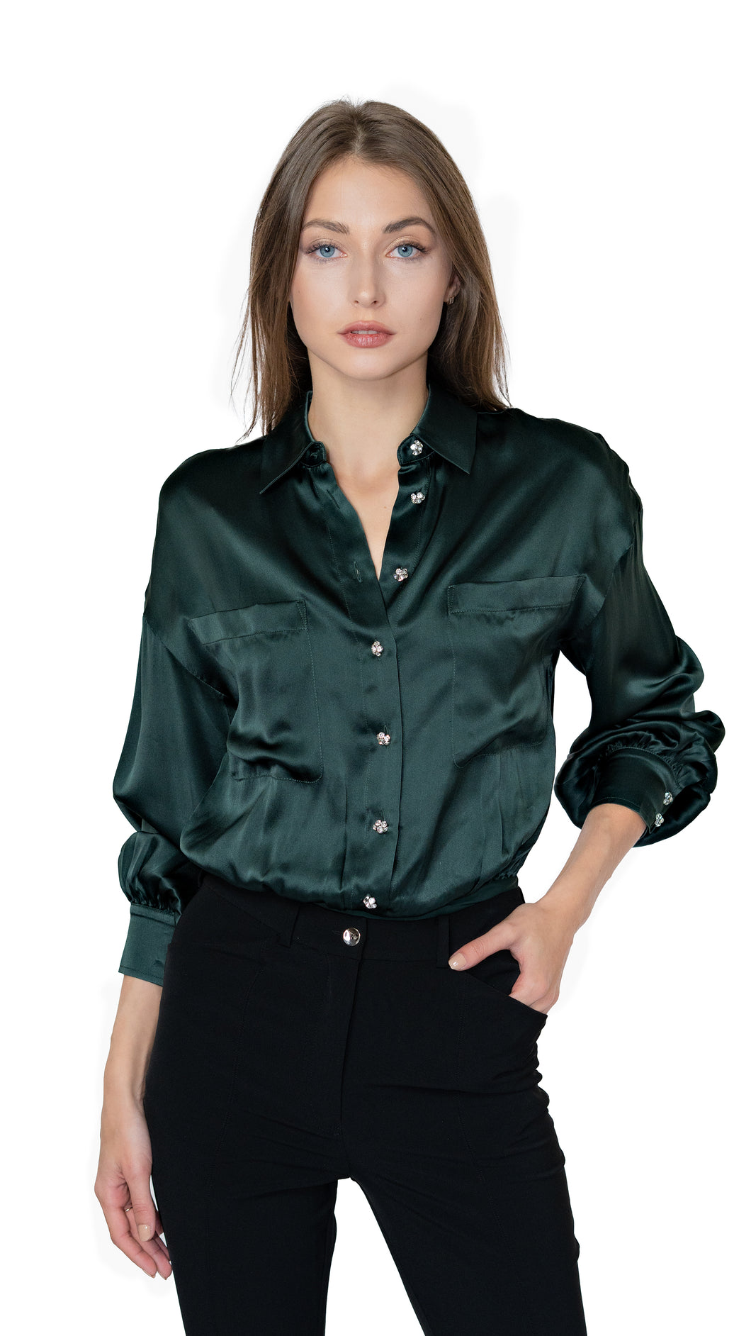 This collared bodysuit is a drop shoulder, long sleeved silhouette, featuring a functional center-front placket with crystal buttons.  The Belkis Charmeuse Bodysuit is finished with functional wrist-cuffs and front patch pockets.