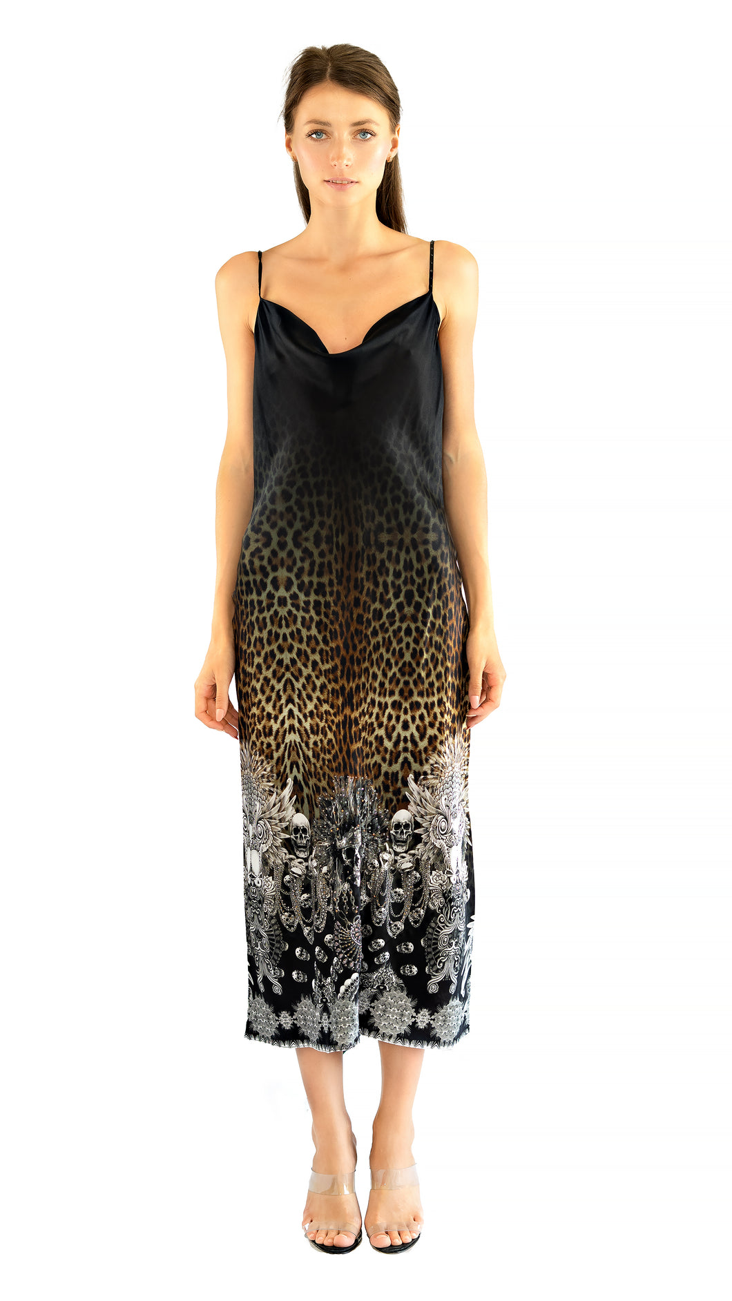 Camilla long silk slip dress in black with leopard and skulls print