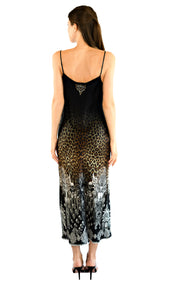 Camilla long silk slip dress in black with leopard and skulls print