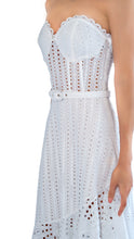Charo Ruiz Ibiza long strapless dress with belt in white eyelet fabric