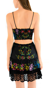 Charo Ruiz mini cotton skirt with lace details in black garden print