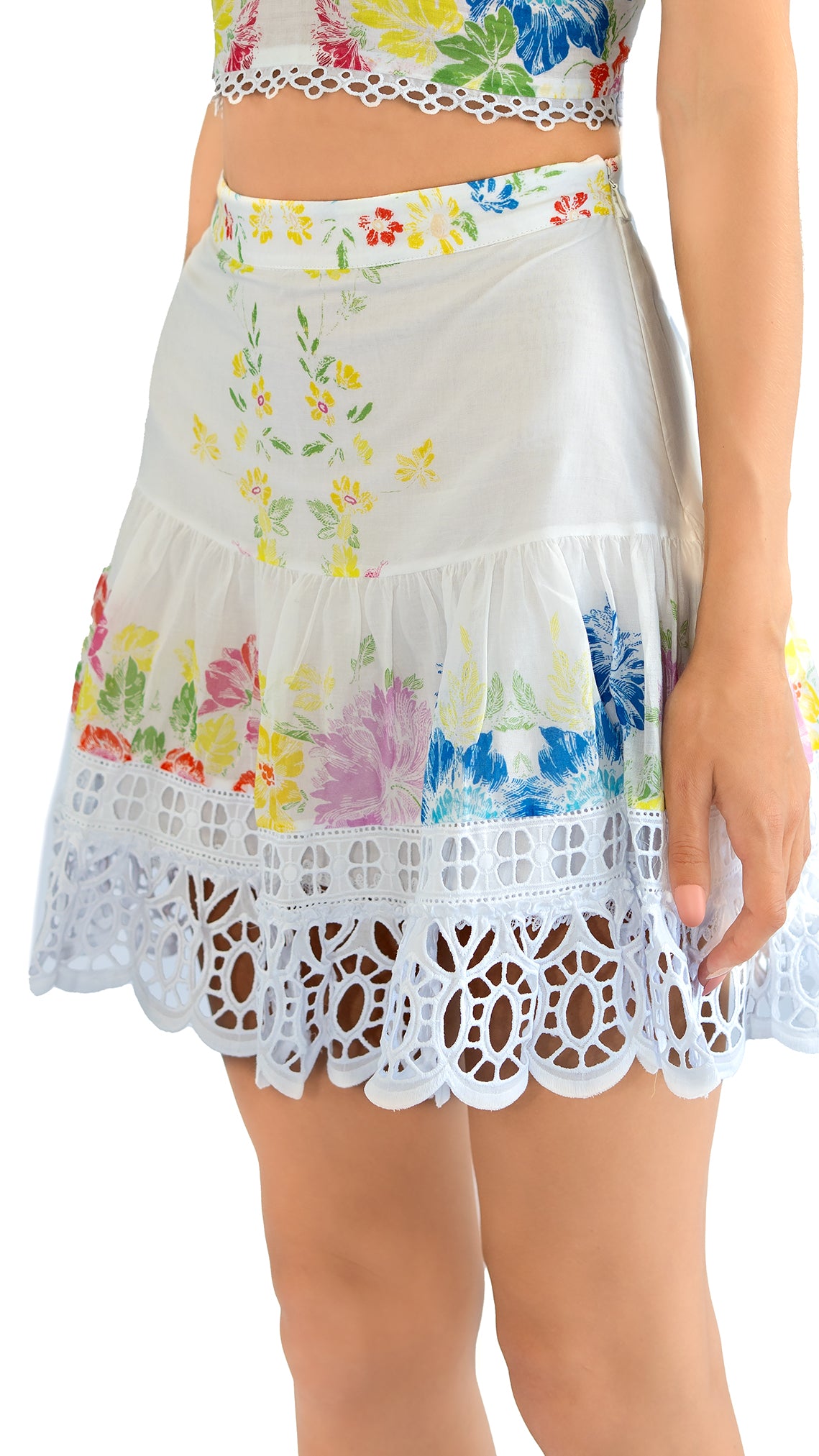Charo Ruiz mini cotton skirt with lace details in white garden print