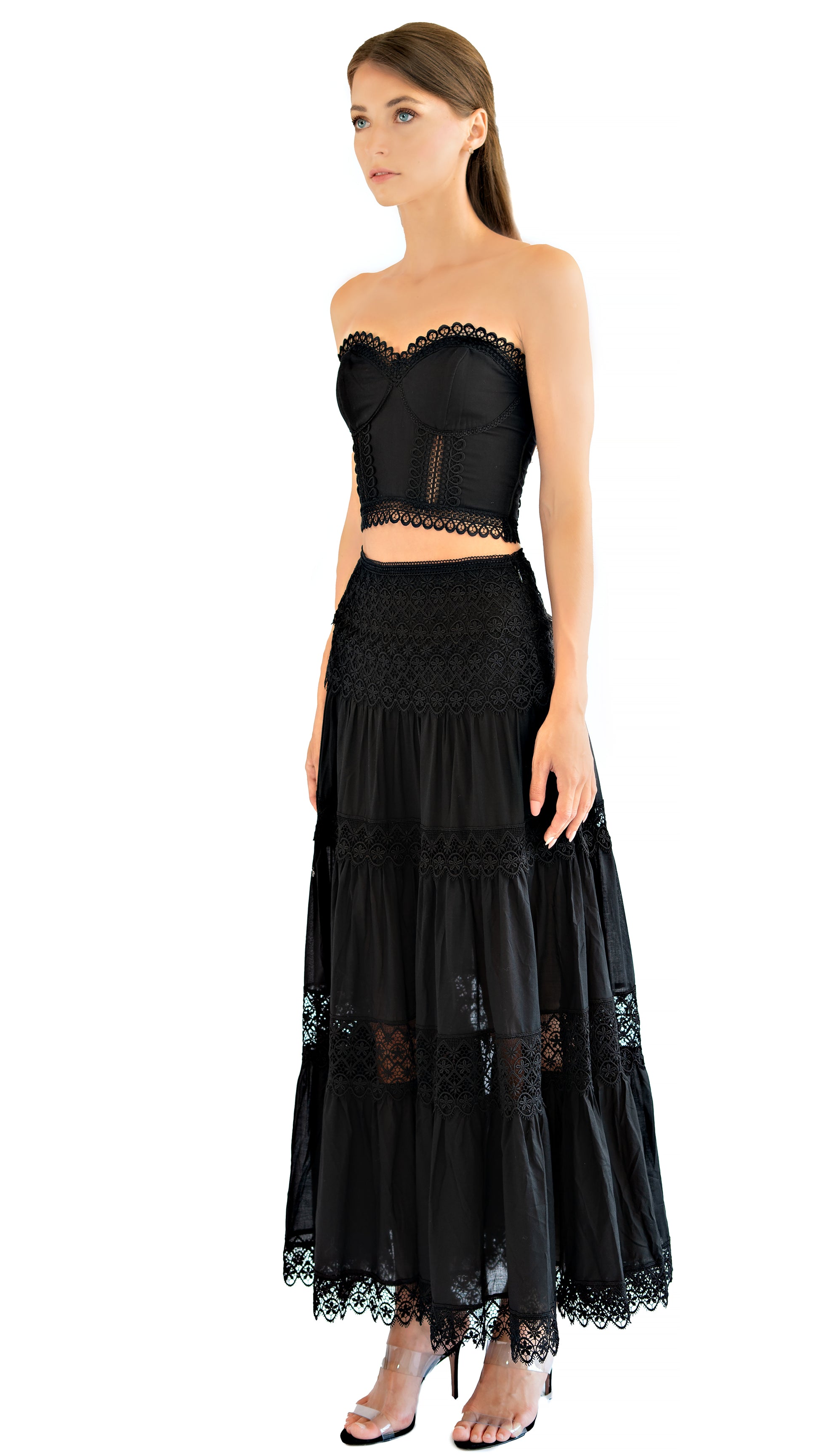 Charo Ruiz Silke long skirt with lace details in black