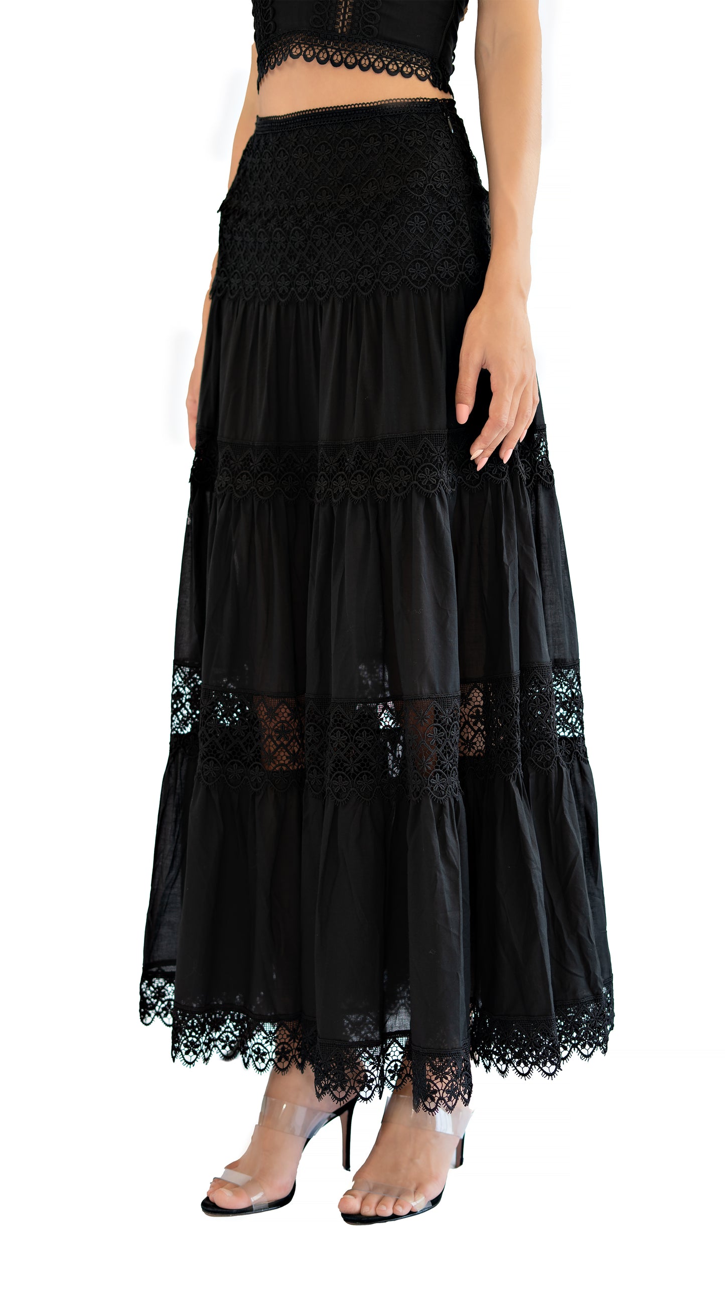 Charo Ruiz Silke long skirt with lace details in black