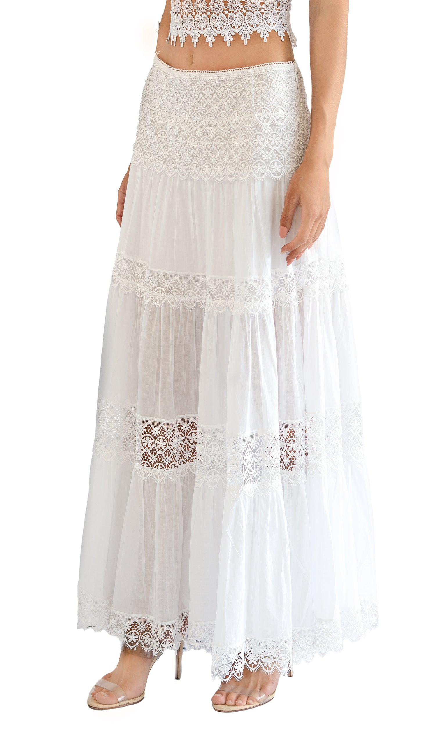 Charo Ruiz Silke long skirt with lace details in white