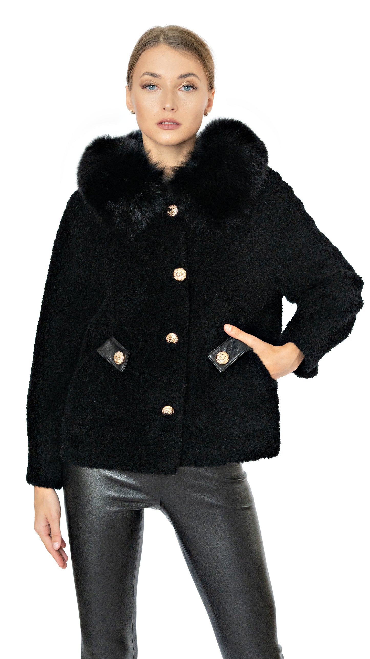 Daniella Erin shearling jacket with gold buttons and fur trimmed hood in black