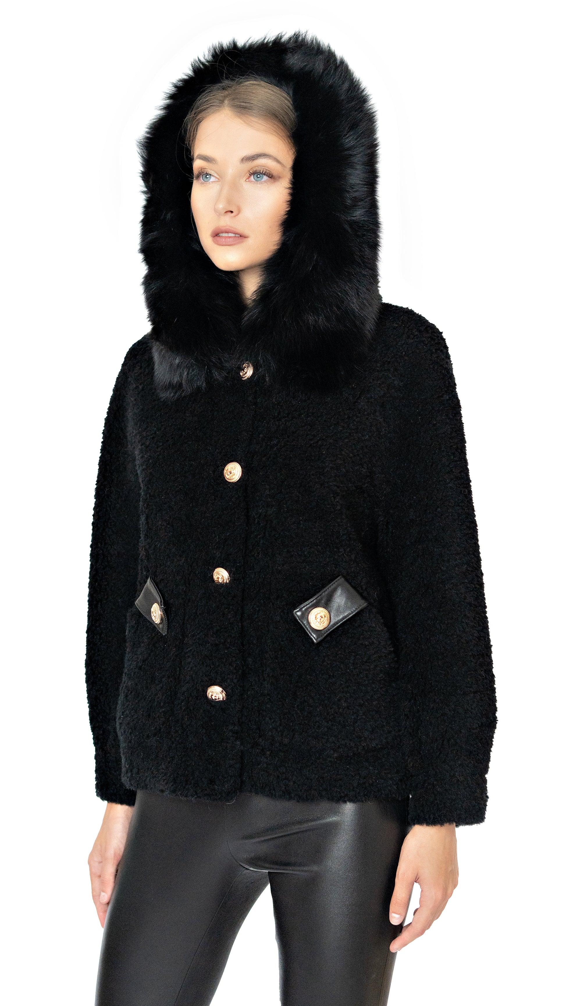 Daniella Erin shearling jacket with gold buttons and fur trimmed hood in black