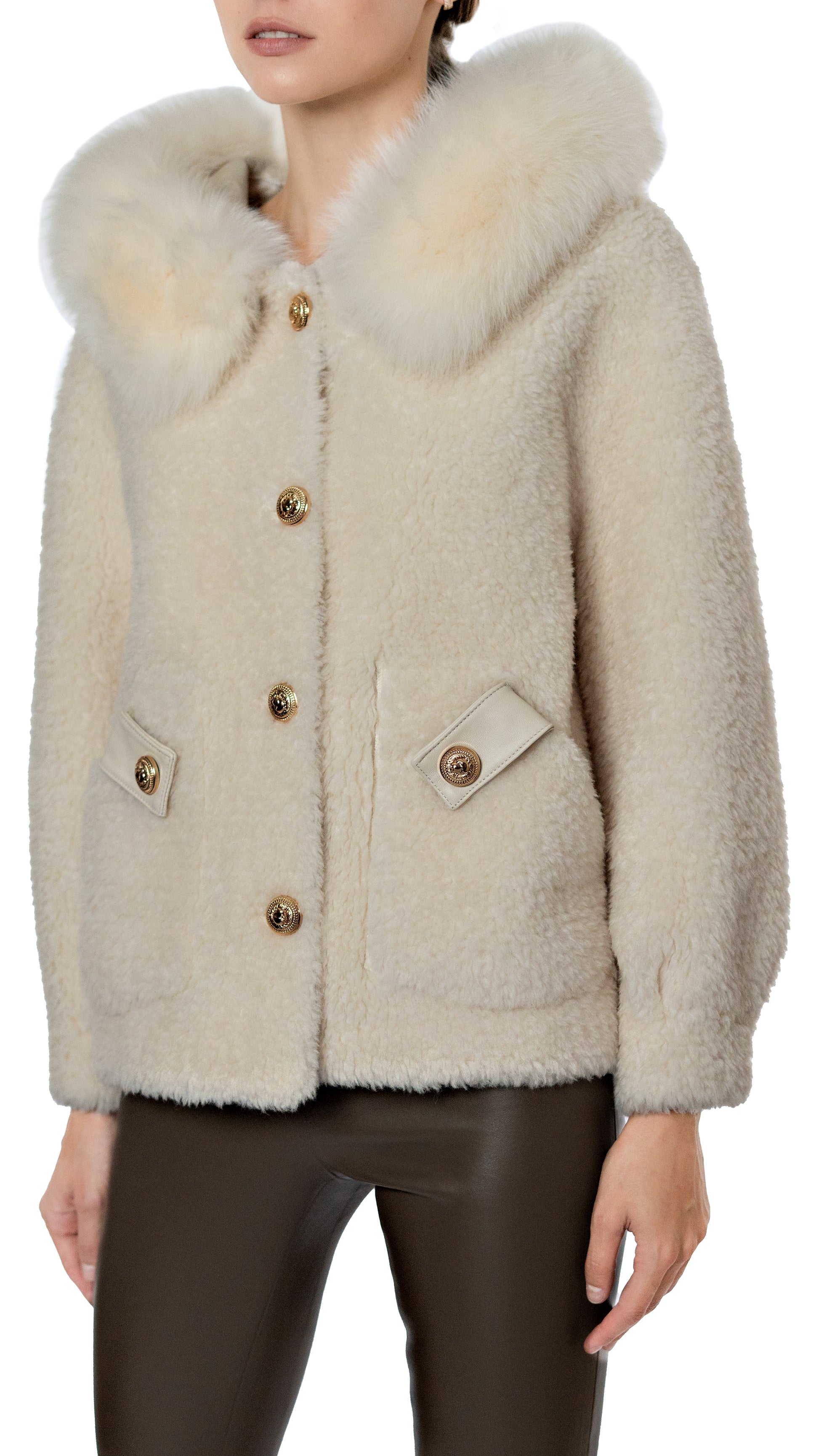 Daniella Erin shearling jacket with gold buttons and fur trimmed hood in ivory