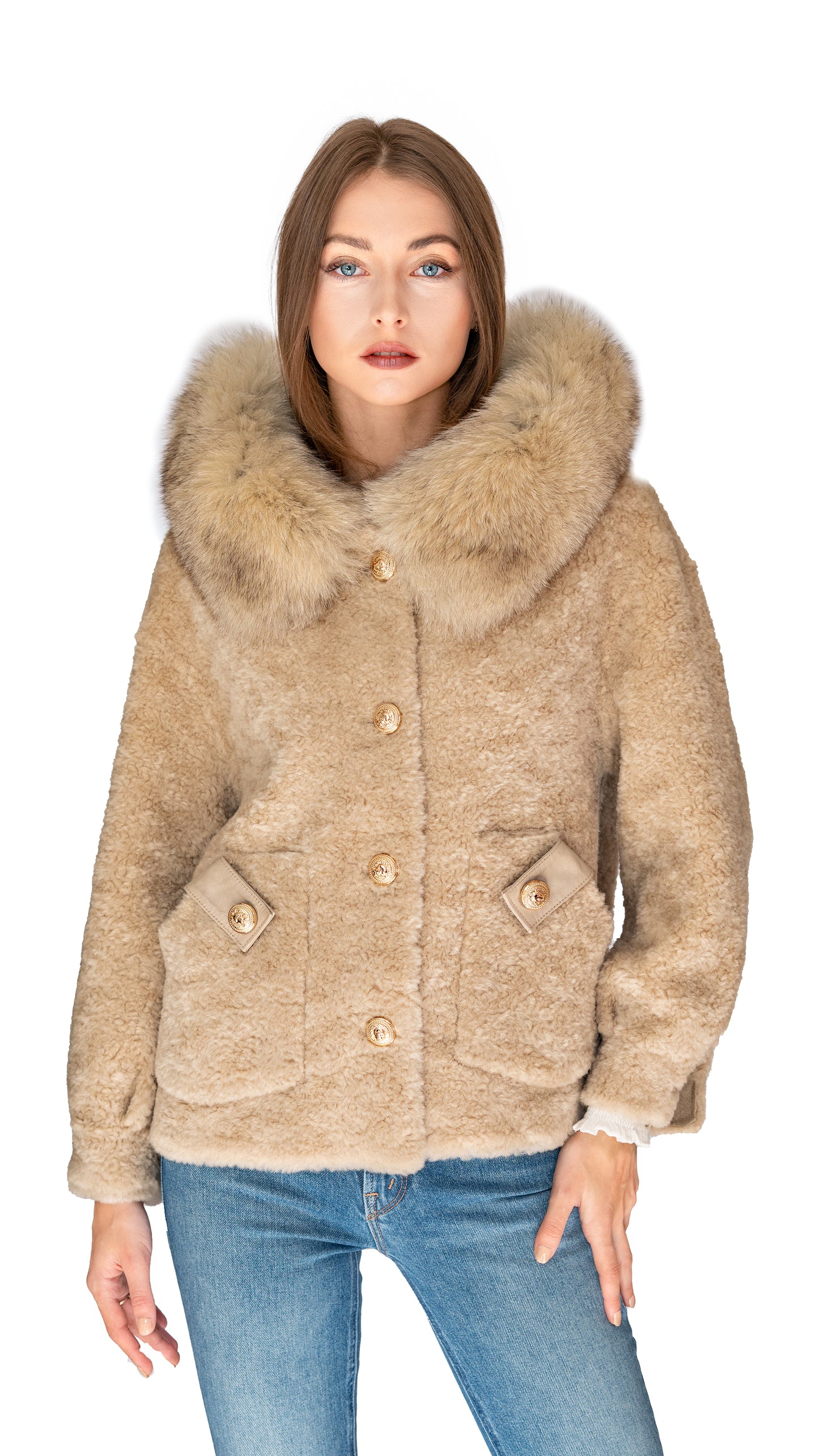 Daniella Erin shearling jacket with gold buttons and fur trimmed hood in oat color