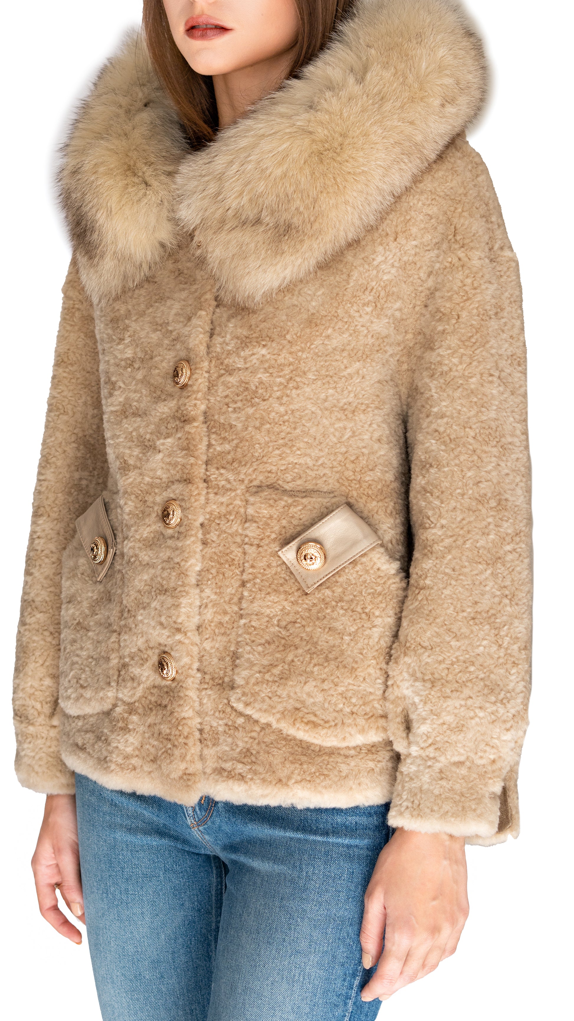 Daniella Erin shearling jacket with gold buttons and fur trimmed hood in oat color