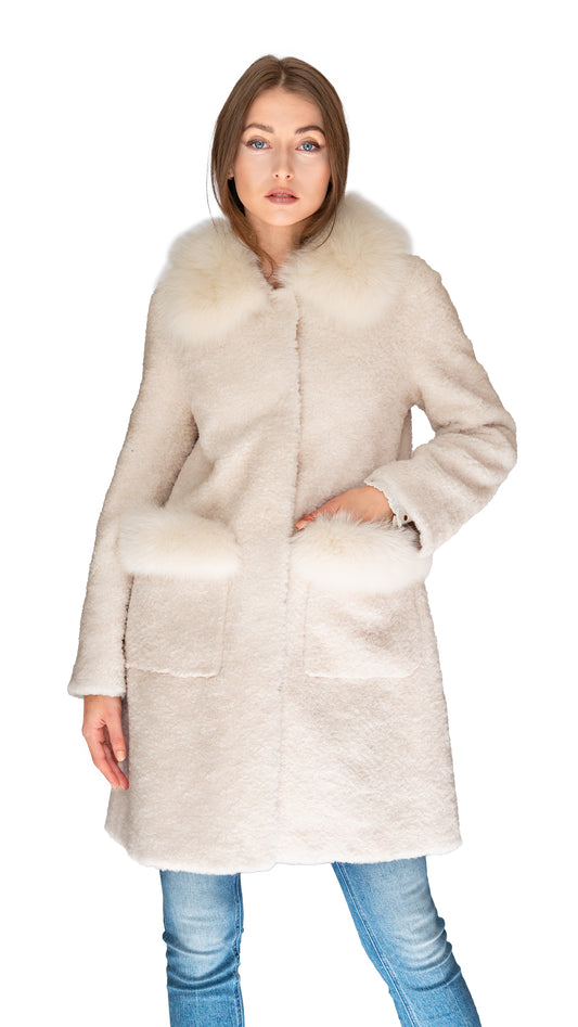 Daniella Erin shearling coat with fox fur trimmed collar and pockets in ivory color