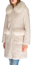 Daniella Erin shearling coat with fox fur trimmed collar and pockets in ivory color