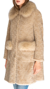Daniella Erin shearling coat with fox fur trimmed collar and pockets in oat color