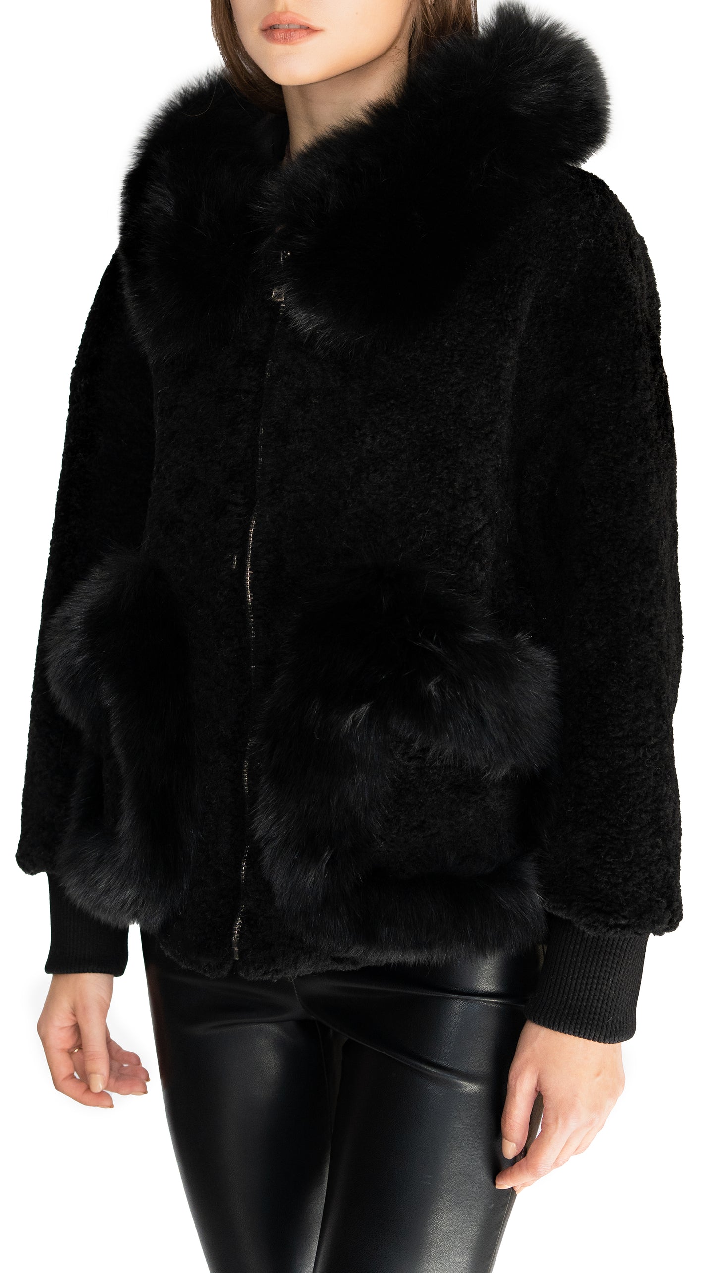 Daniella Erin shearling coat with fox fur trimmed hood and pockets in black