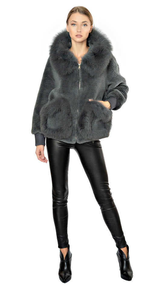 Daniella Erin shearling coat with fox fur trimmed hood and pockets in grey
