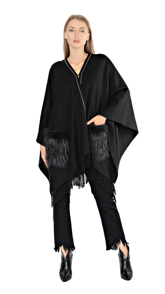 Fabiana Filippi cape with fur pockets and fringe in black