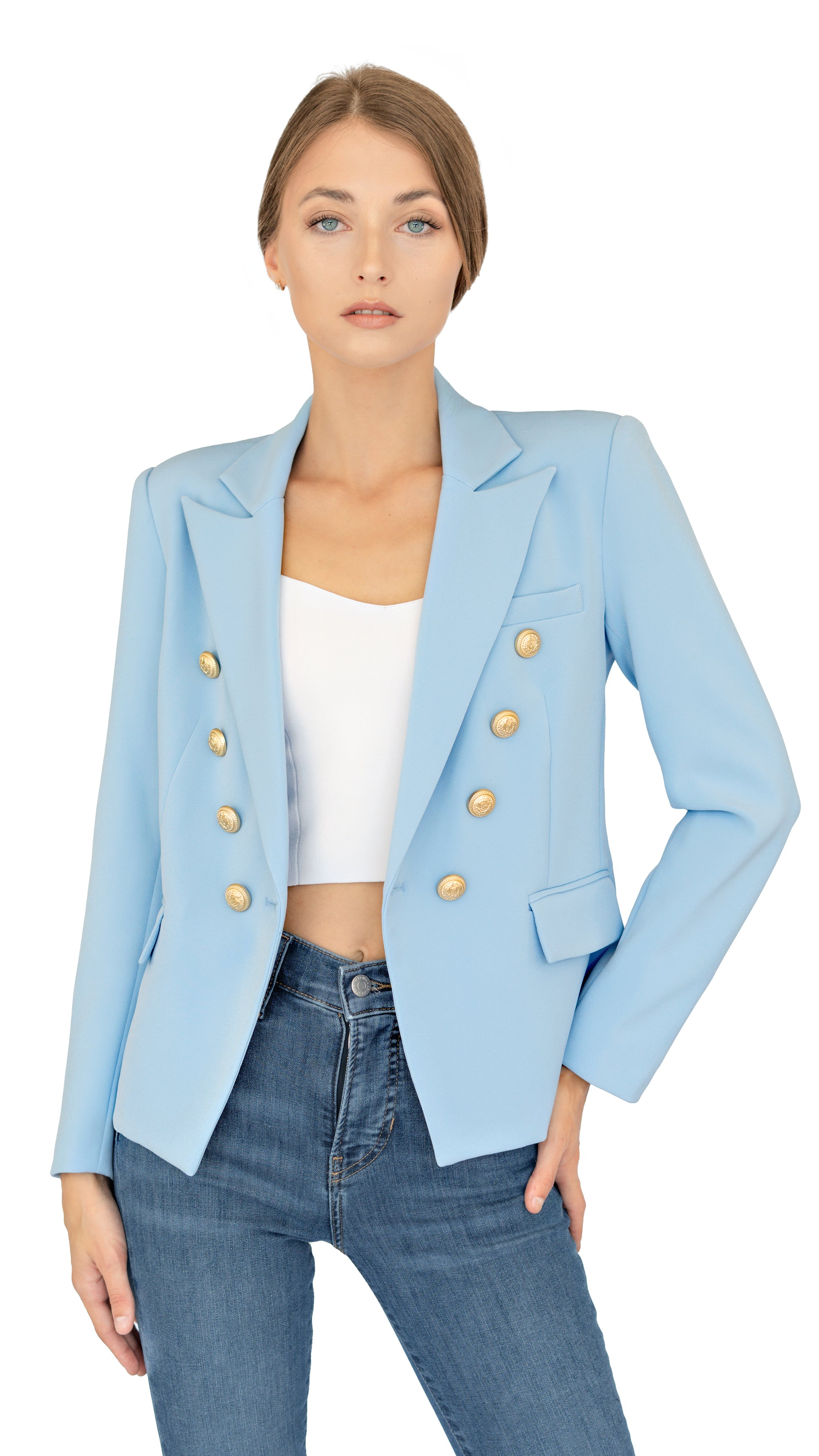 Generation Love light blue blazer with gold buttons