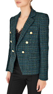 Generation Love tweed blazer with gold buttons in green