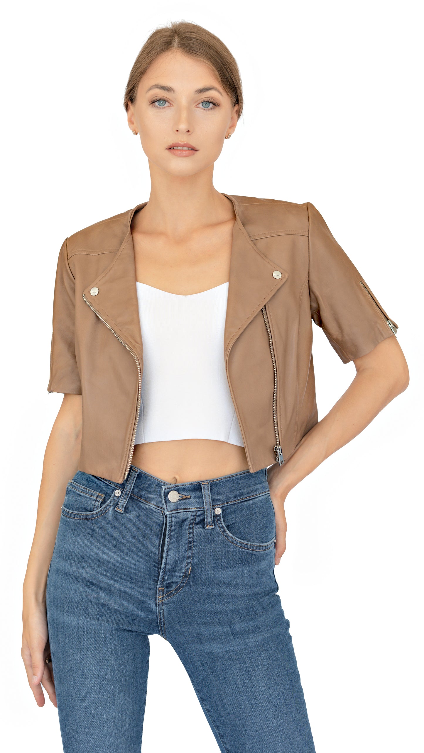 Lamarque real leather cropped jacket in camel color