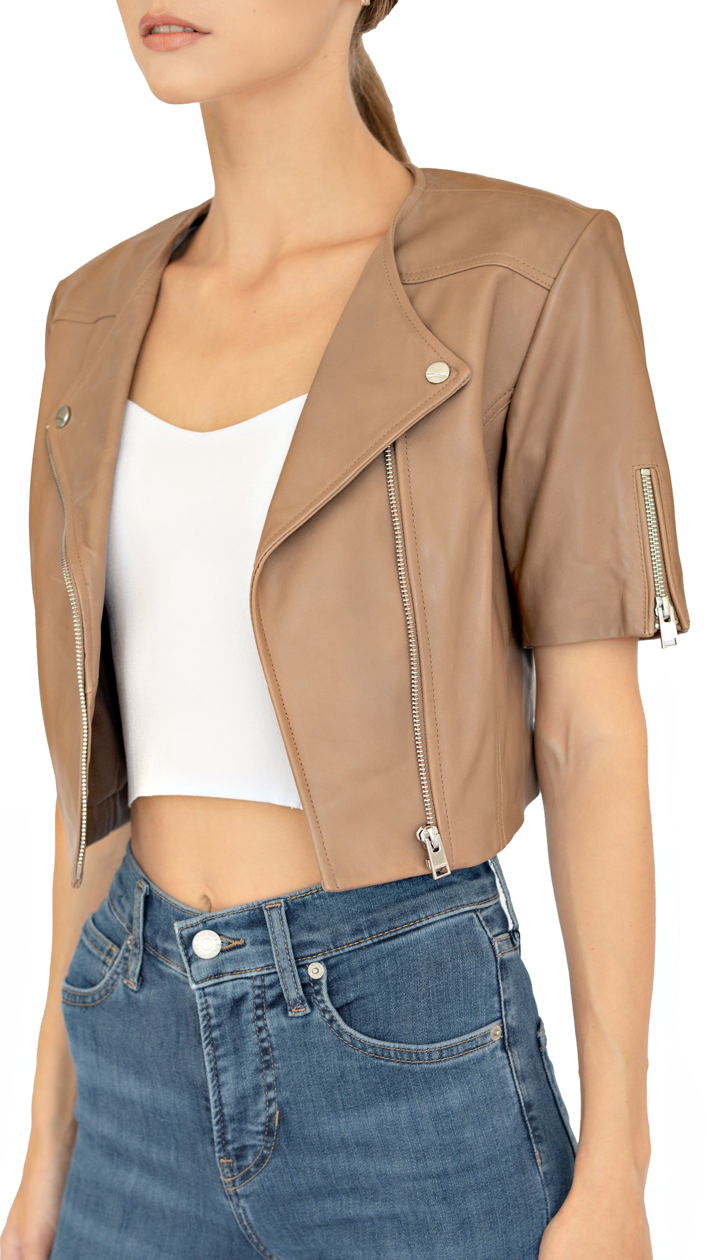 Lamarque real leather cropped jacket in camel color