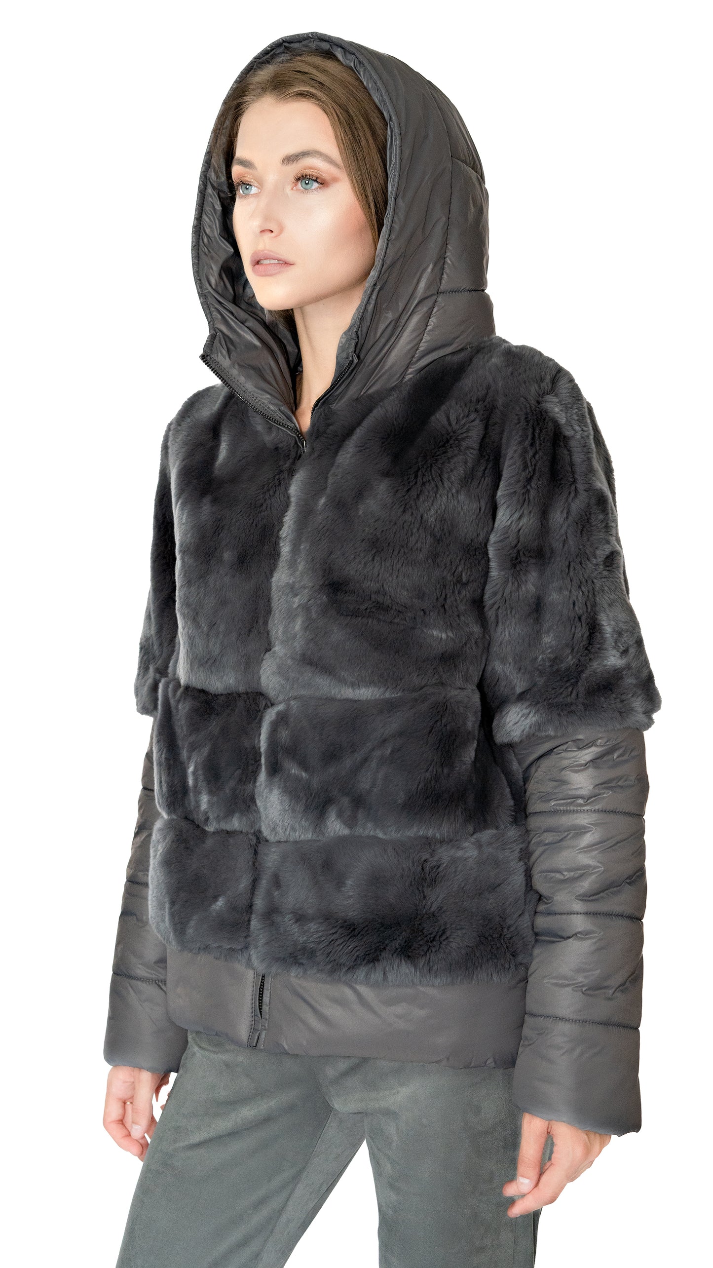 Linda Richards green rex fur and down jacket with hood and removable sleeves in grey color