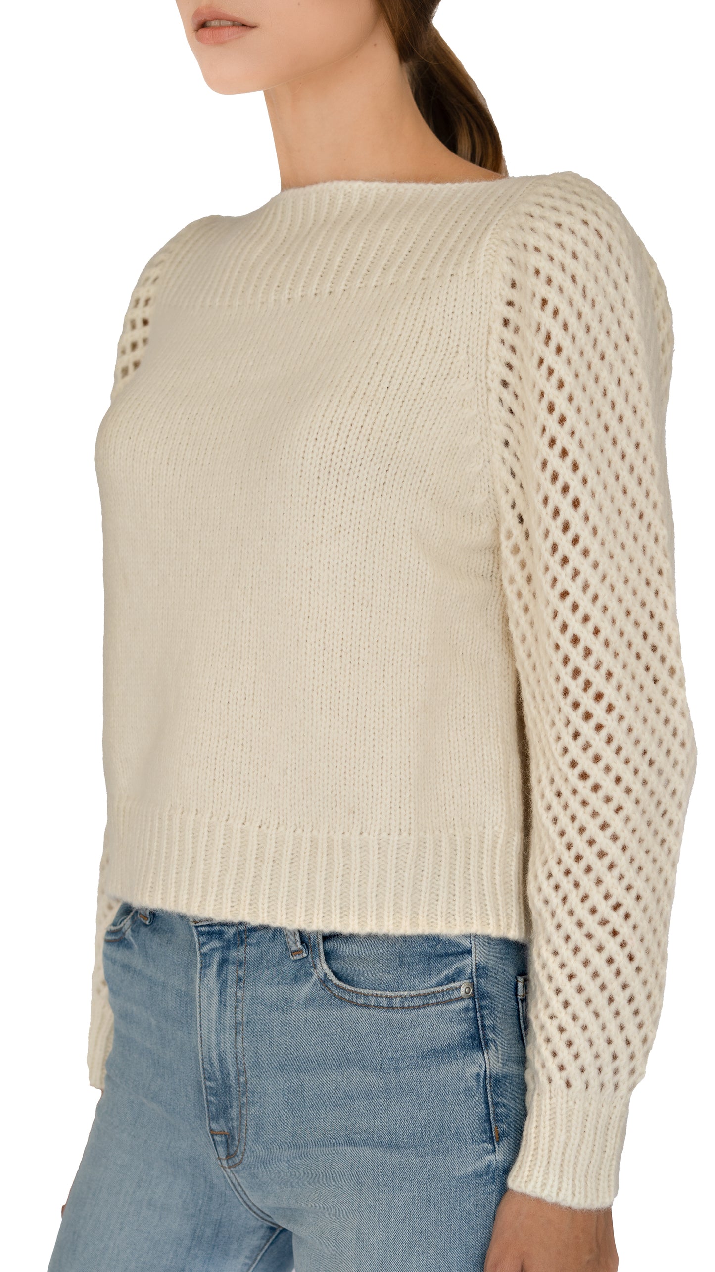 Love Shack Fancy pullover, boat neck Long, open-knit puff sleeves, cream color 