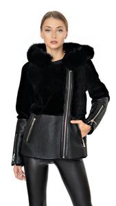 Max and Moi mid-length, dual-fabric jacket is made from smooth pile sheepskin, has a straight cut, long sleeves and a genuine fox fur hood