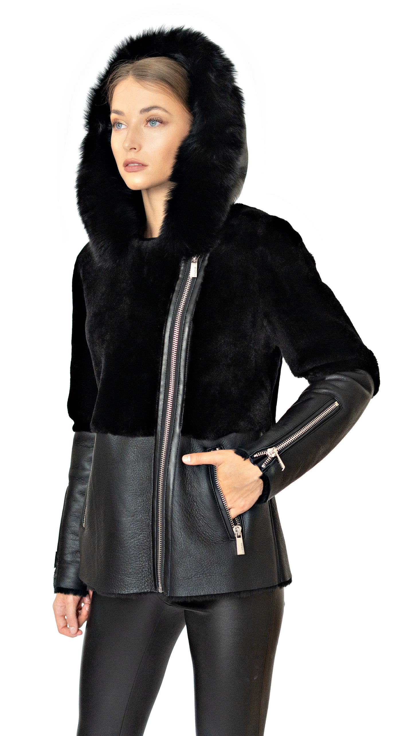 Max and Moi mid-length, dual-fabric jacket is made from smooth pile sheepskin, has a straight cut, long sleeves and a genuine fox fur hood