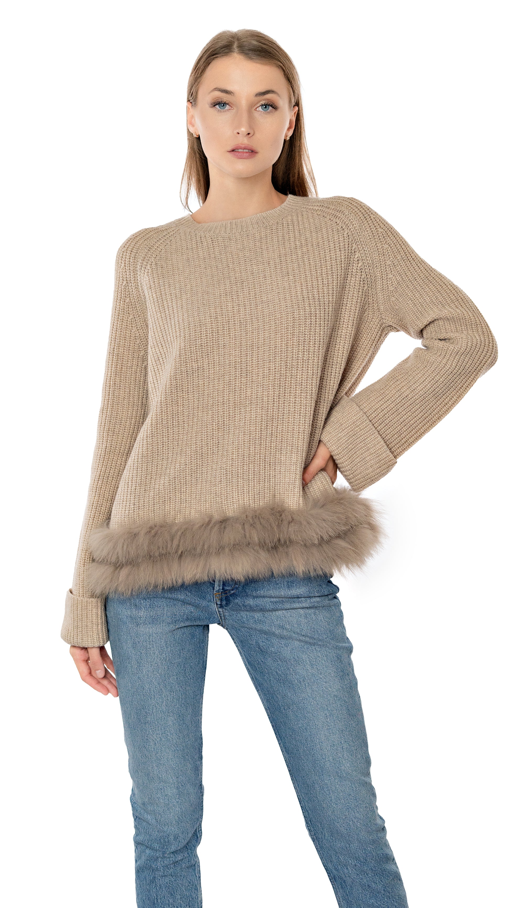 Max and Moi crew neck sweater with tone-on-tone fox fur applied to the bottom of the sweater