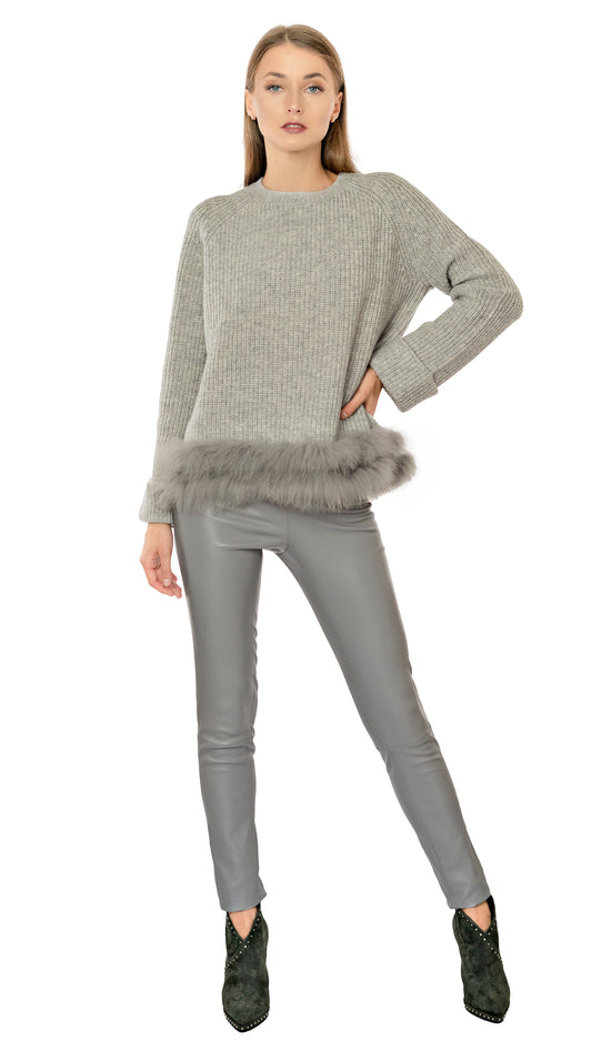 Max and Moi crew neck sweater  with tone-on-tone fox fur applied to the bottom of the sweater