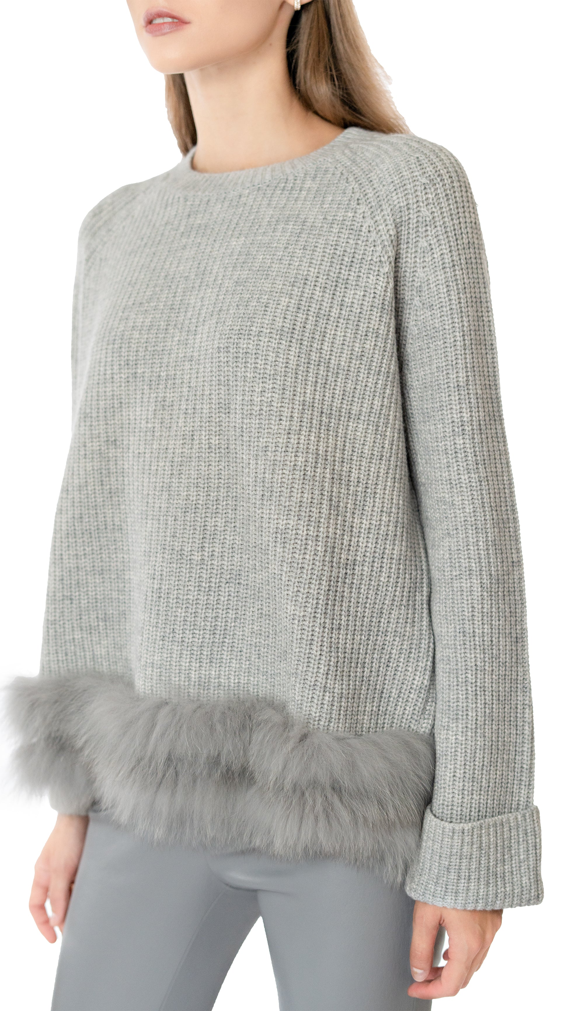 Max and Moi crew neck sweater  with tone-on-tone fox fur applied to the bottom of the sweater