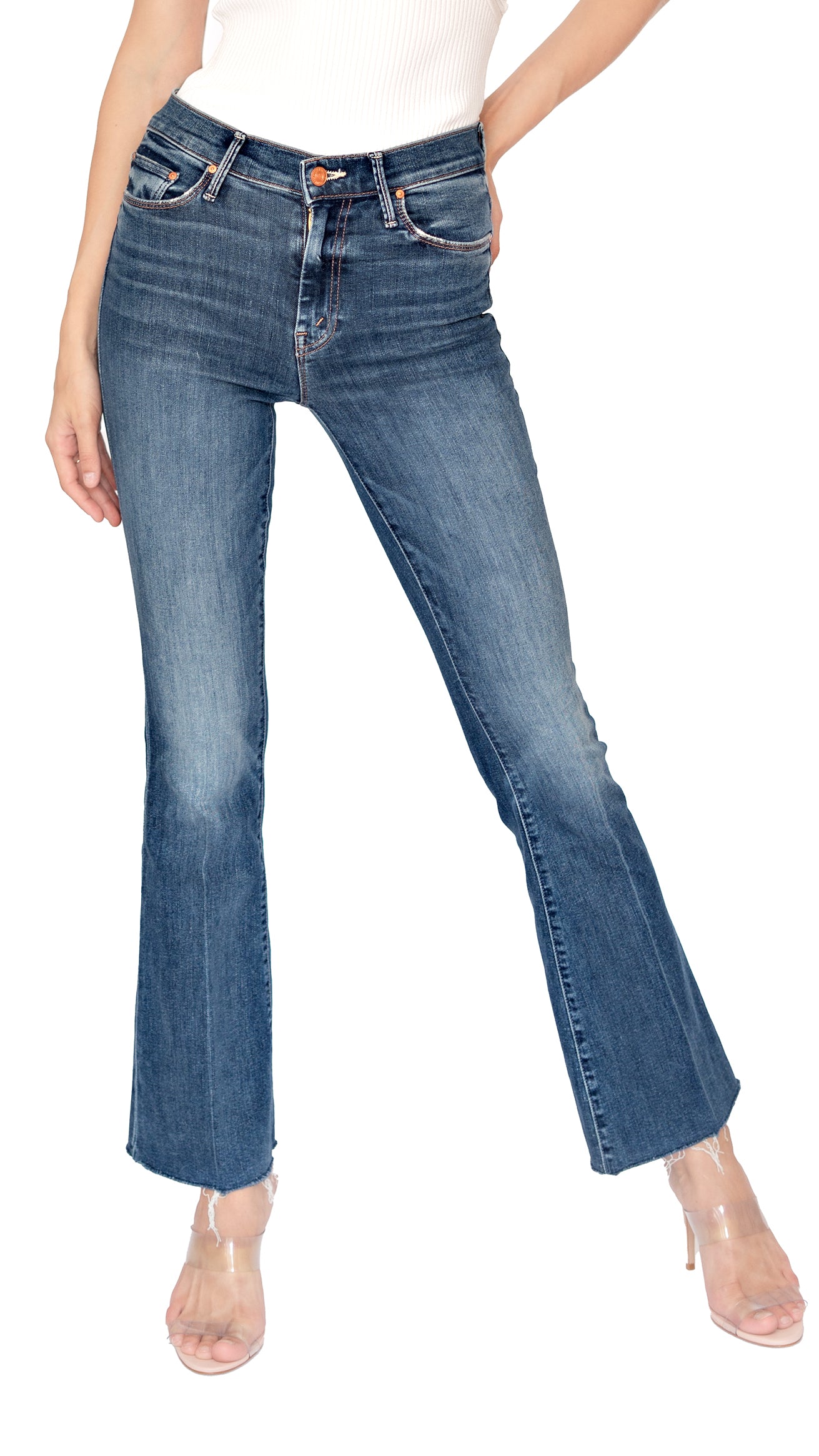 Mother mid rise flare jeans in blue wash