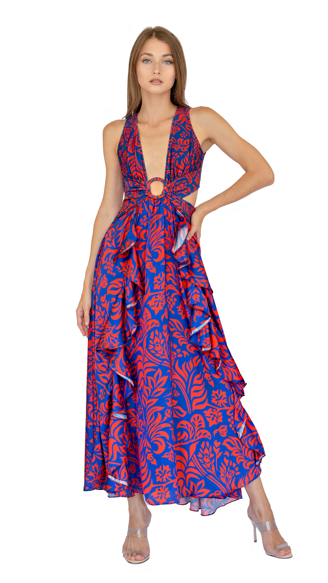 Patbo dress - Plunging neckline with figure-flattering ribcage cut-outs. Fabric-covered ring detail at waist. Ankle-length skirt with two side slits. Adjustable tie back closure. Bodysuit has a bottom snap closure.