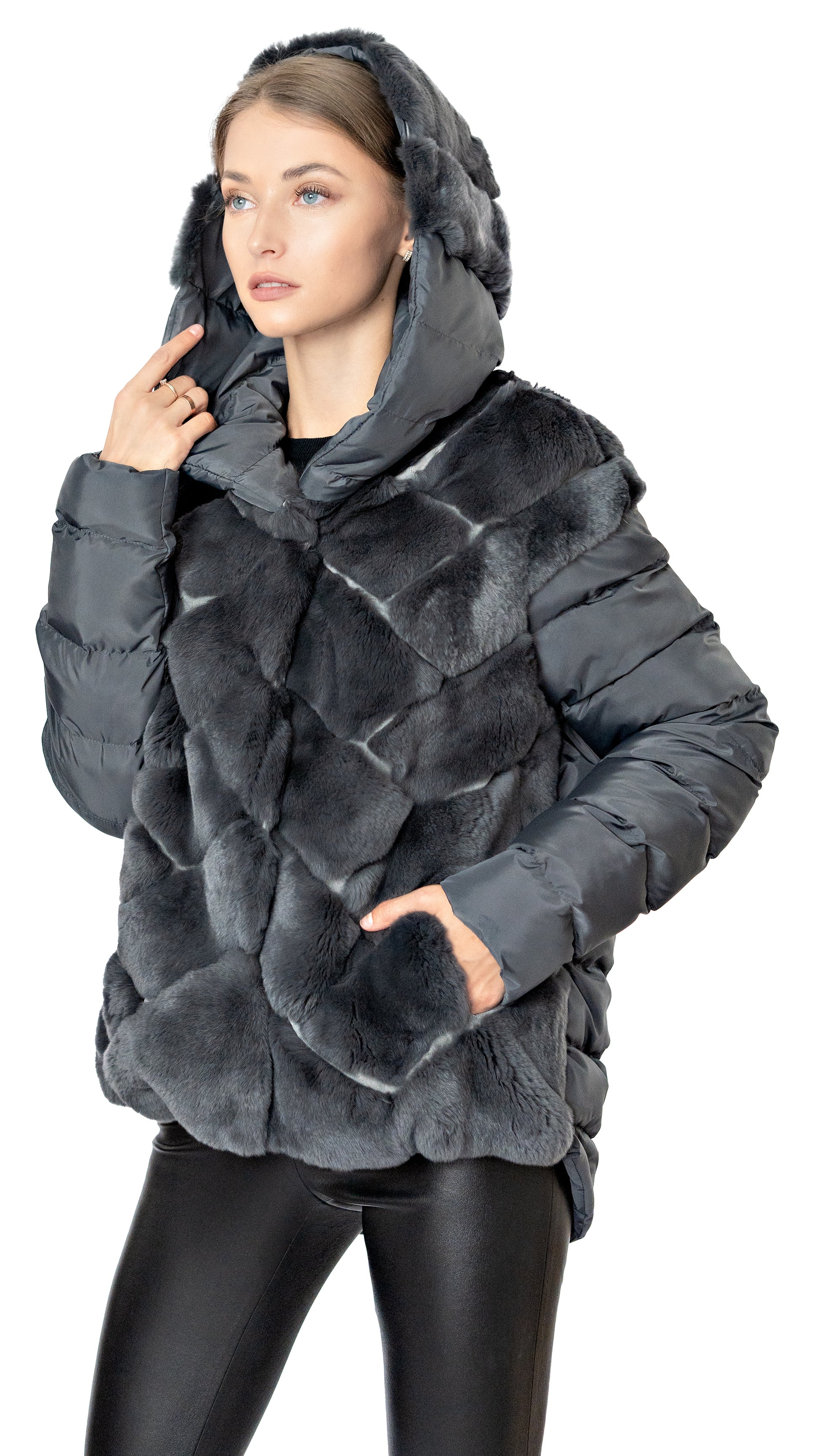 Rizal puffer jacket with rex fur details with hood in grey