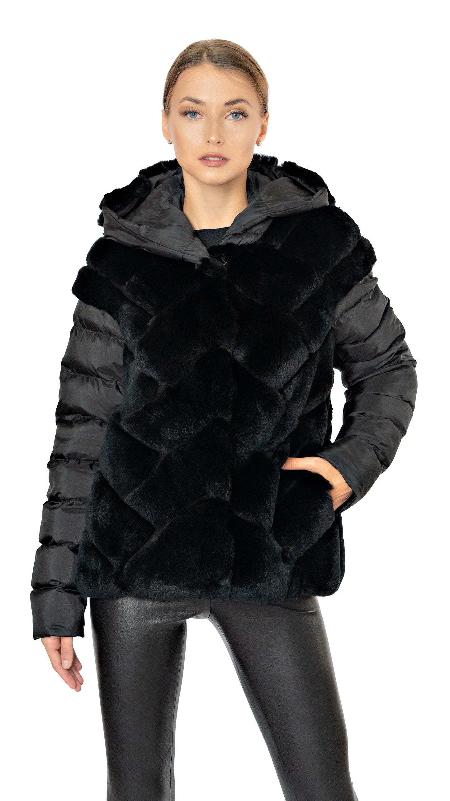 Rizal puffer jacket with rex fur details with hood in black