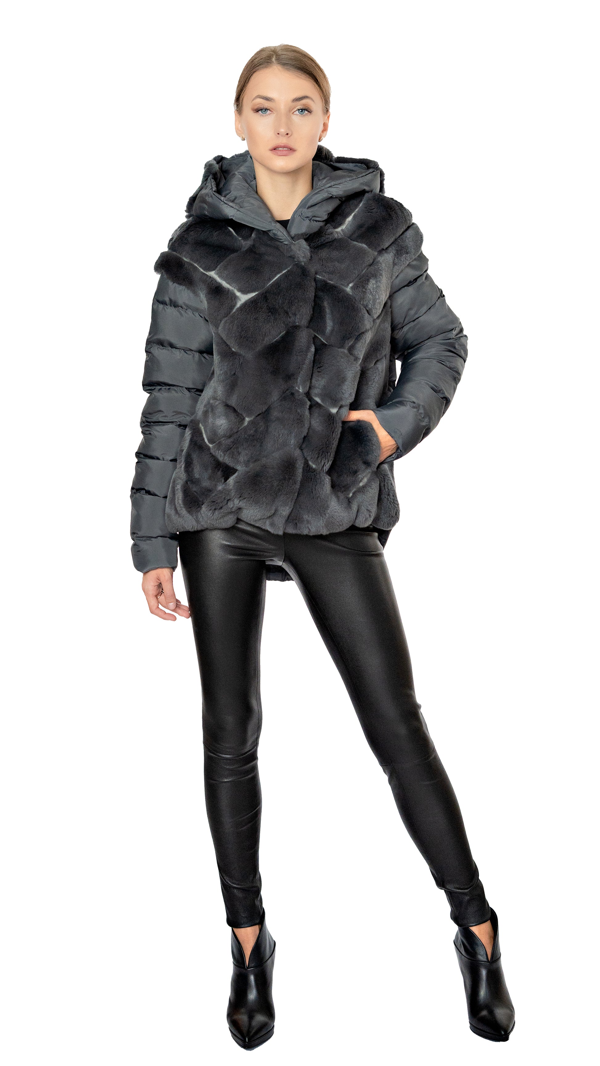 Rizal puffer jacket with rex fur details with hood in grey