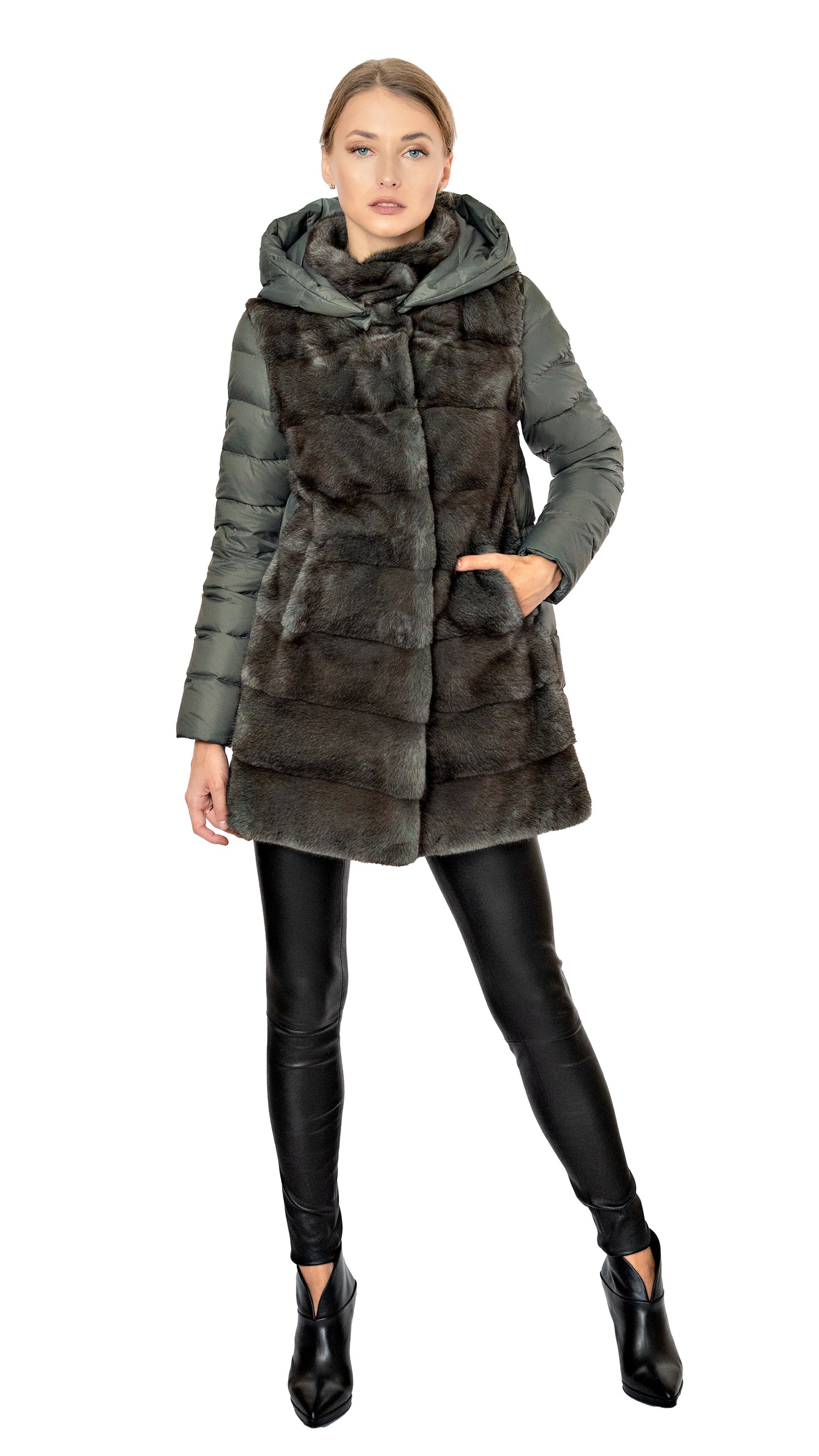 Rizal mink and down long jacket with hood and removable sleeves