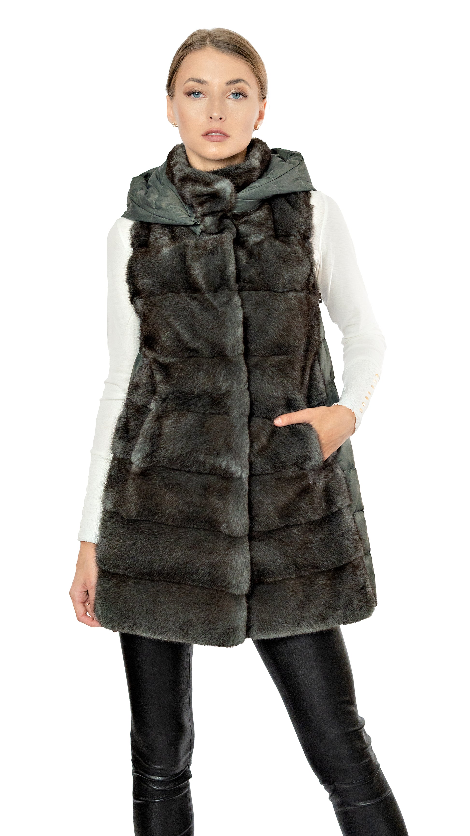 Rizal mink and down long jacket with hood and removable sleeves