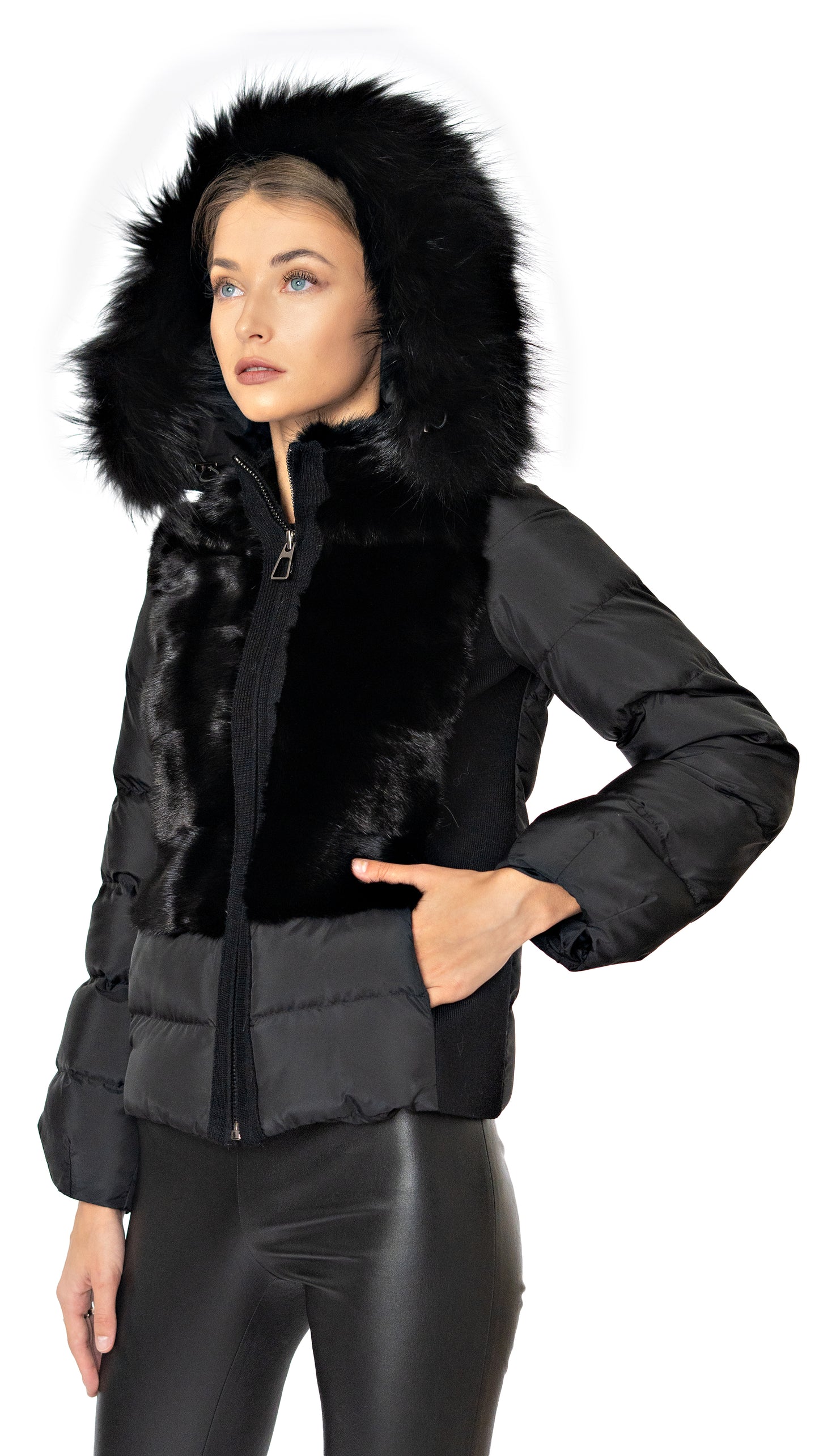 Rizal mink down puffer jacket with fur trimmed hood in black