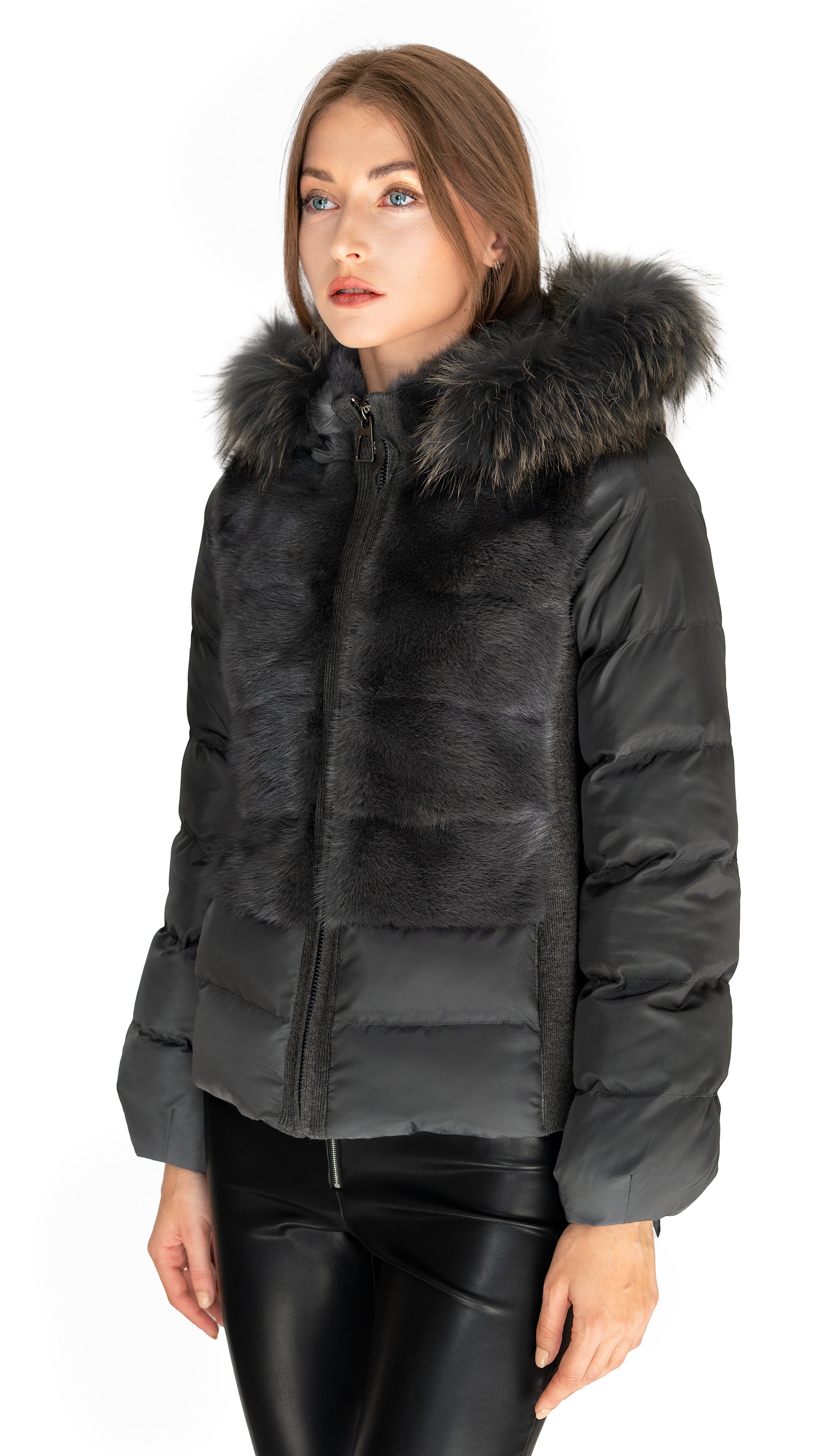 Rizal puffer jacket with fox collar and mink front in grey color