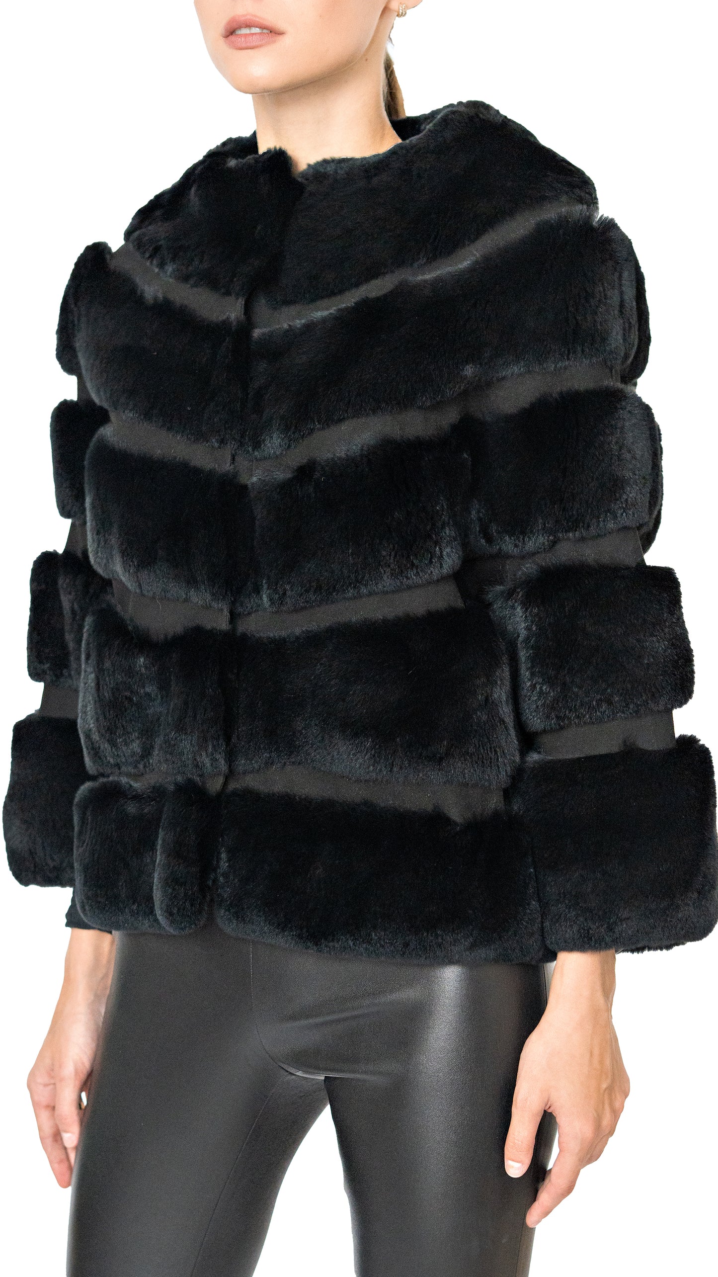 Rizal 3/4 sleeve rex fur short coat in black