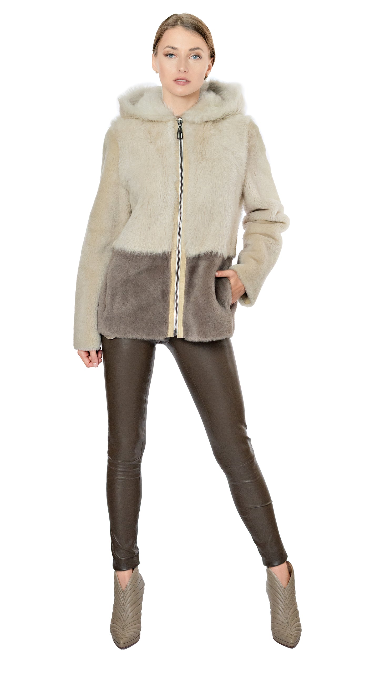 Rizal shearling coat with hood in ivory and grey