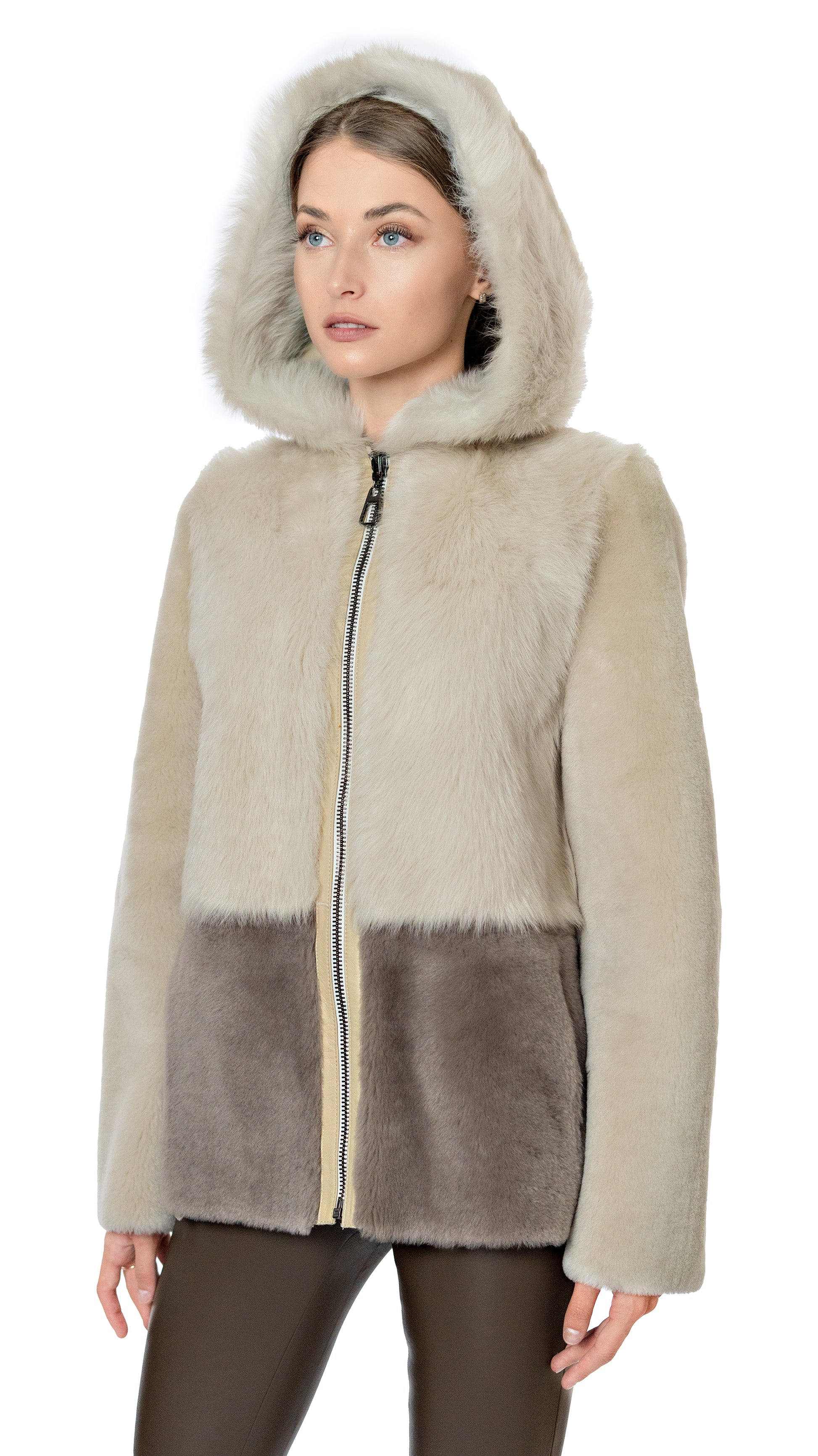 Rizal shearling coat with hood in ivory and grey