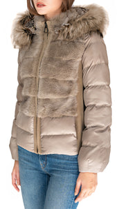 Rizal puffer jacket with fox collar and mink front in taupe color