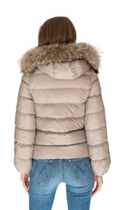 Rizal puffer jacket with fox collar and mink front in taupe color